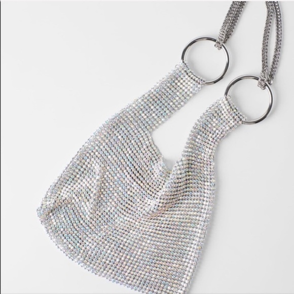 ZARA BNWT Metallic Mesh Beaded Bucket Bag with Chain Shoulder Strap - Picture 5 of 8